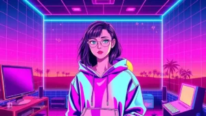 A stylized Pisces girl in a pastel hoodie surrounded by glowing holograms and retro computer screens in a neon-lit Y2K r