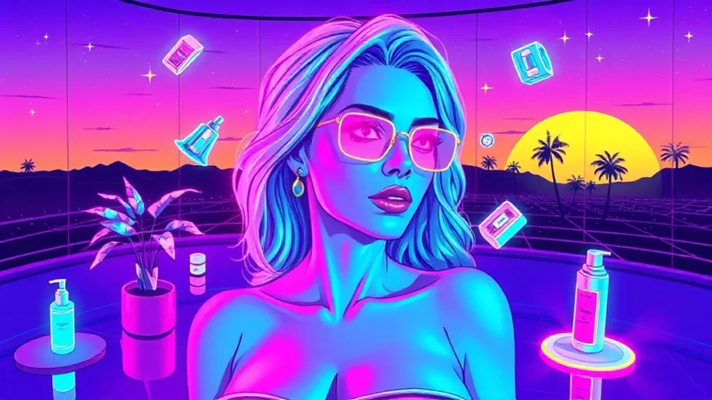 A glowing postpartum woman in a neon Y2K room with floating skincare products.