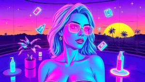 A glowing postpartum woman in a neon Y2K room with floating skincare products.
