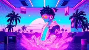 A glowing Y2K character in a neon synthwave room with floating holograms and powder effects.