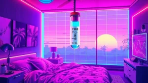 A stylized Y2K illustration of a glowing girl with acne scars surrounded by holographic skincare products and digital te