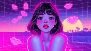 A retro Y2K girl with glowing lips in a neon room, surrounded by holographic beauty tools.