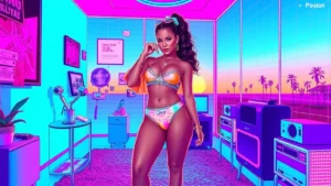 Rihanna in a neon-lit Y2K room wearing a holographic Dior diaper with floating fashion items and digital effects.