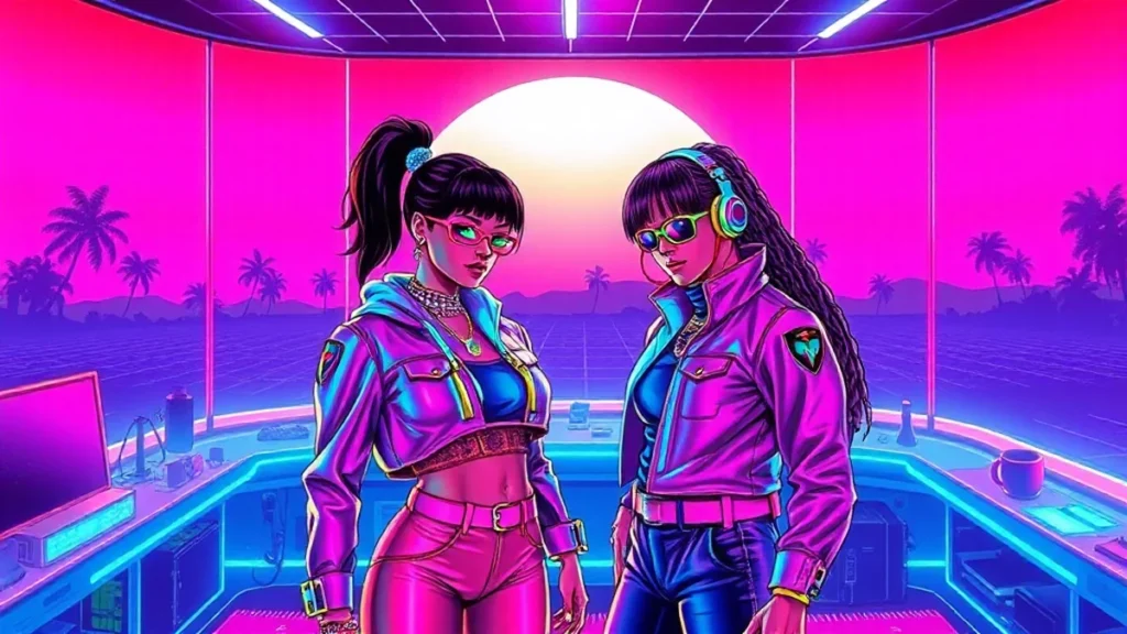 Rihanna and Rocki in a vibrant Y2K neon room with holographic elements and digital art.