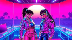 Rihanna and Rocki in a vibrant Y2K neon room with holographic elements and digital art.