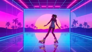 A glowing rollerblader in a sequined outfit dances in a neon-lit vaporwave disco room with floating holographic disco ba