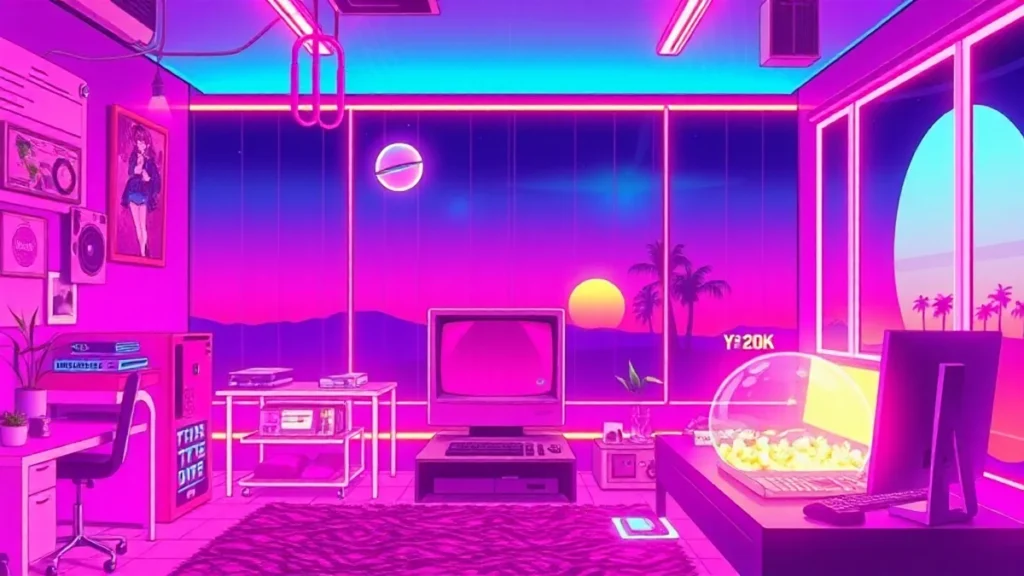 A stylized character organizes lost items in a neon-lit Y2K room with floating holograms.