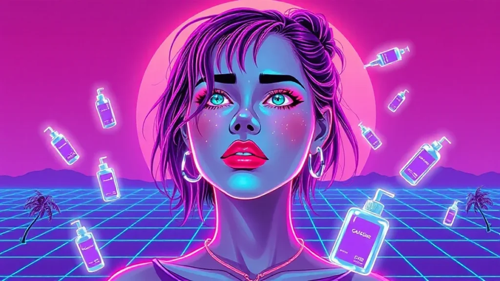 A retro Y2K girl with glowing skin surrounded by floating skincare products in a neon-lit synthwave room.