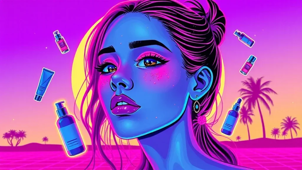 A glowing girl with acne scars in a neon-lit Y2K skincare room surrounded by floating holographic products.