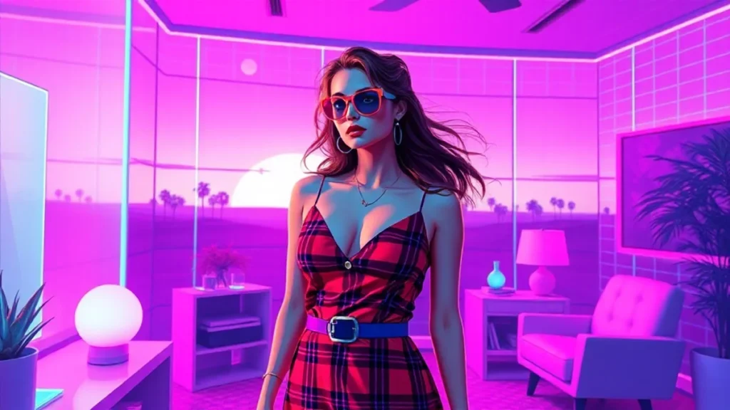 Neon Y2K styled scene of Sarah Jessica Parker in a red tartan plaid dress at the 2006 Met Gala with holographic fashion