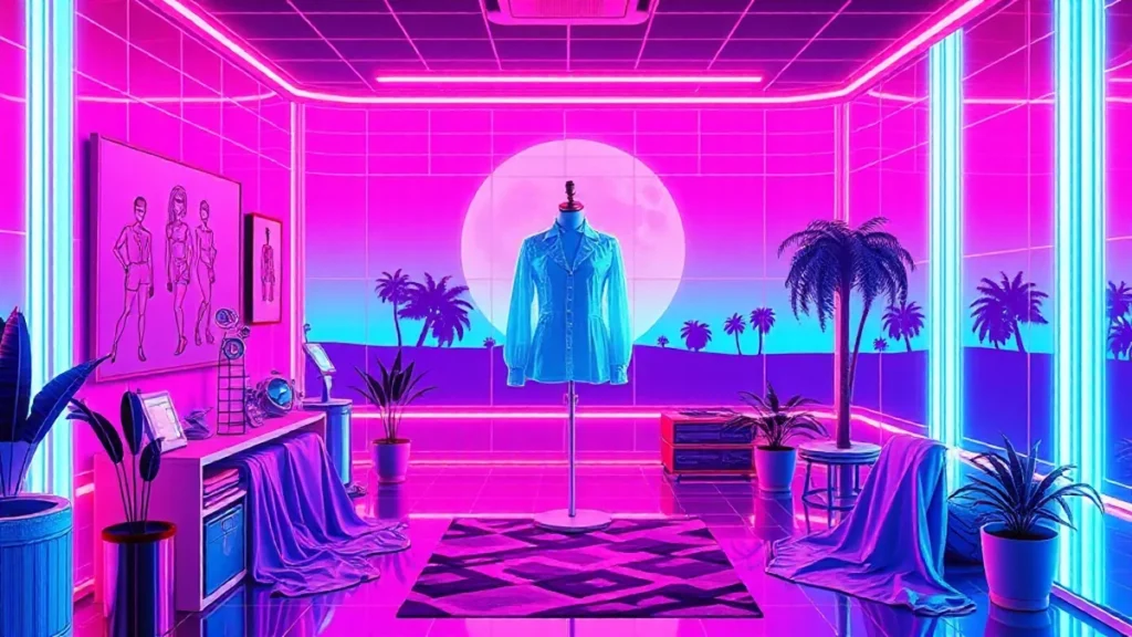 A retro Y2K styled exhibit featuring holographic Dior fashion pieces and digital design elements.