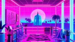 A retro Y2K styled exhibit featuring holographic Dior fashion pieces and digital design elements.