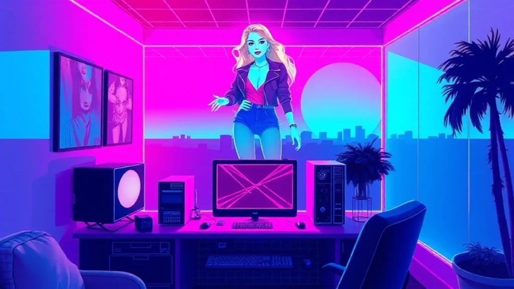 A stylized Y2K scene featuring a holographic Miranda Priestly in a neon-lit digital fashion room.