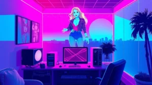 A stylized Y2K scene featuring a holographic Miranda Priestly in a neon-lit digital fashion room.