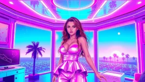 Selena Gomez styled in retro mod fashion with glowing holographic elements in a neon Y2K room.