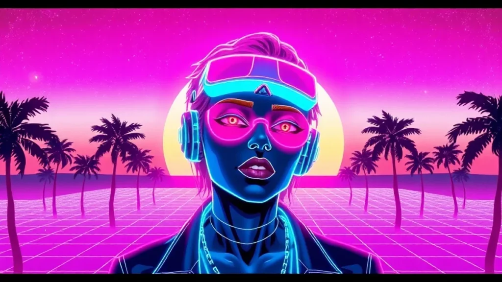 A glowing Y2K character in a neon-lit synthwave environment with floating digital elements.