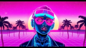 A glowing Y2K character in a neon-lit synthwave environment with floating digital elements.