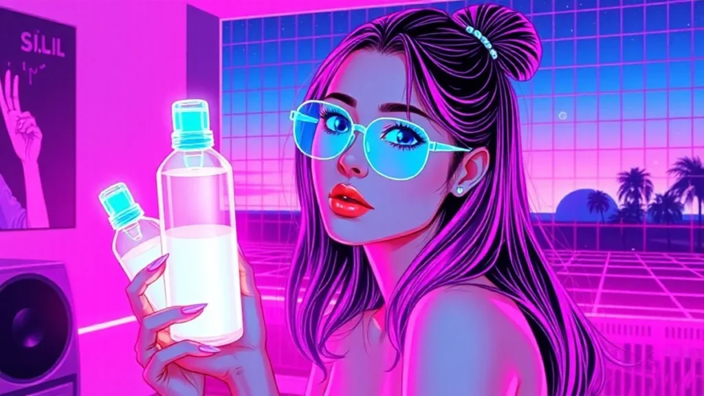 A retro Y2K styled girl surrounded by glowing skincare products in a neon-lit digital room.
