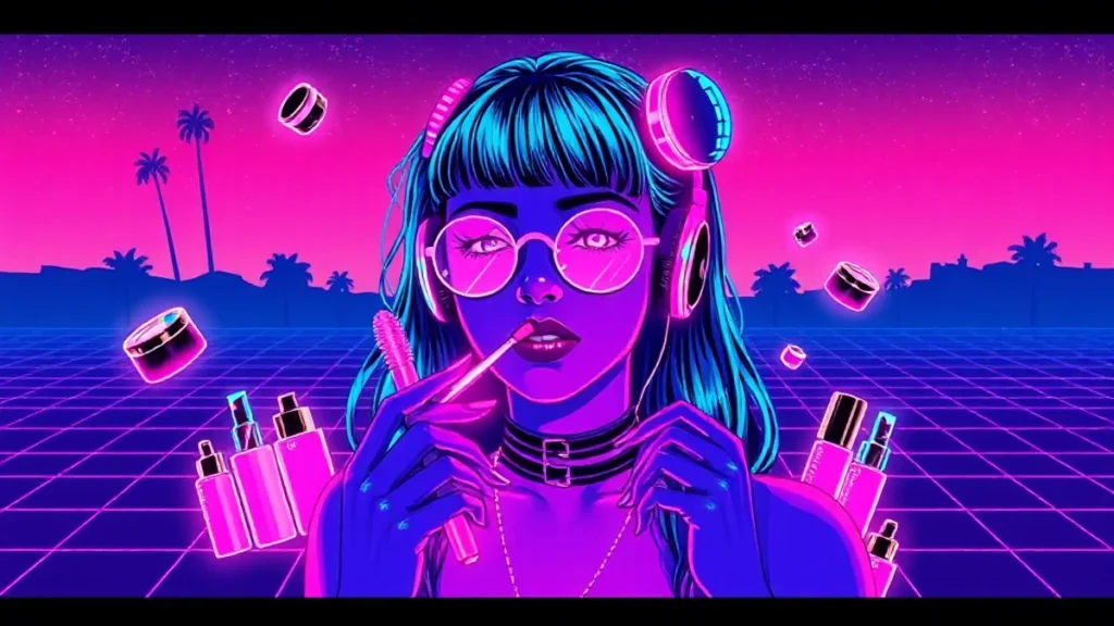 A retro Y2K makeup artist in a neon-lit room surrounded by glowing foundation bottles and digital effects.
