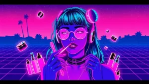 A retro Y2K makeup artist in a neon-lit room surrounded by glowing foundation bottles and digital effects.