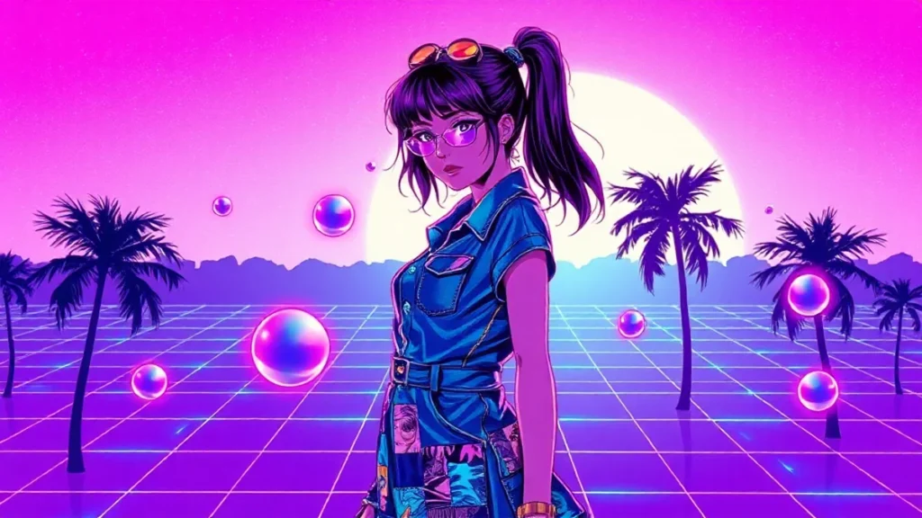 A stylized Y2K girl in a glowing patchwork denim dress surrounded by floating fabric orbs in a neon synthwave cityscape.