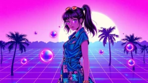 A stylized Y2K girl in a glowing patchwork denim dress surrounded by floating fabric orbs in a neon synthwave cityscape.
