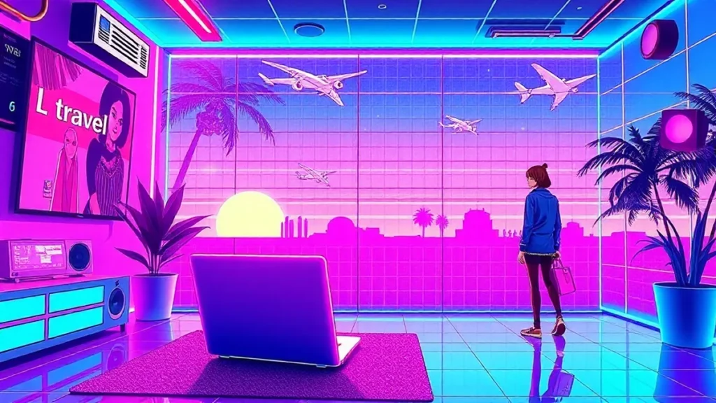 A stylized Y2K room with a glowing laptop and holographic travel brochures, featuring a chic traveler in a retro outfit