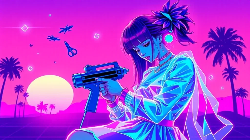 A retro Y2K girl uses a stitch gun in a neon-lit synthwave environment with floating fashion items.