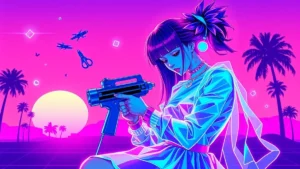 A retro Y2K girl uses a stitch gun in a neon-lit synthwave environment with floating fashion items.