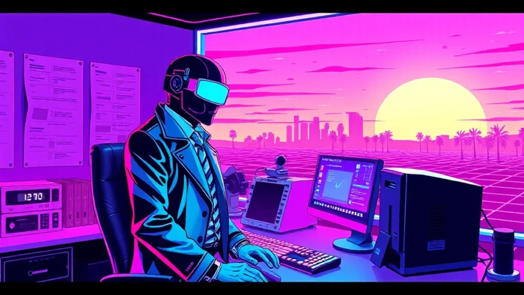 A stylized Y2K office scene with a character in a power suit surrounded by glowing holographic elements.