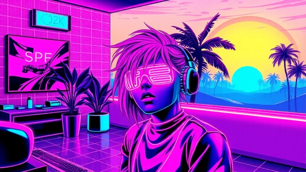 A retro Y2K character surrounded by glowing beauty products and digital text in a neon-lit vaporwave room.