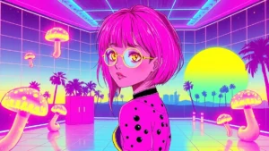 A neon-haired girl in a glowing vaporwave room with floating holographic fungi and acne patches, styled in Y2K aesthetic