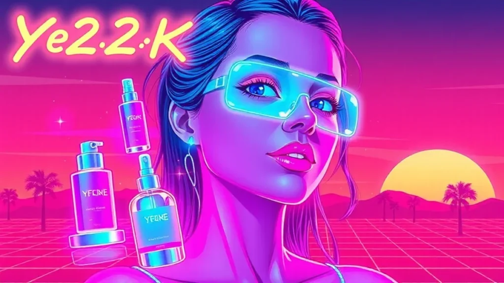 A retro Y2K girl with glowing skin surrounded by floating holographic skincare products in a neon-lit synthwave environm