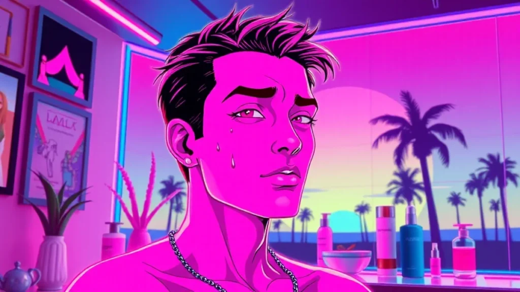 A stylized Y2K character with oily red skin in a neon-lit synthwave room surrounded by holographic skincare products.
