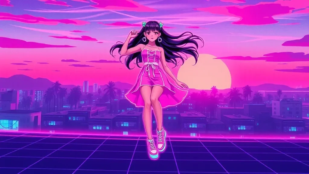 A retro Y2K girl wearing a pastel summer dress with glowing sneakers and holographic wedges in a synthwave cityscape.