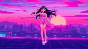 A retro Y2K girl wearing a pastel summer dress with glowing sneakers and holographic wedges in a synthwave cityscape.