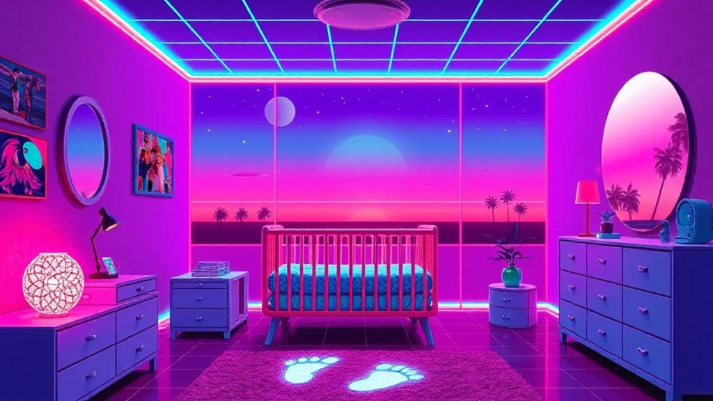 A retro Y2K styled baby room with neon lights, holographic elements, and a family mural.