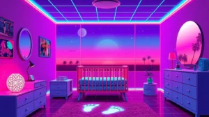 A retro Y2K styled baby room with neon lights, holographic elements, and a family mural.