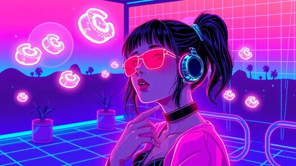 A stylized Y2K girl in a glowing room with floating holographic bread and prayer symbols.