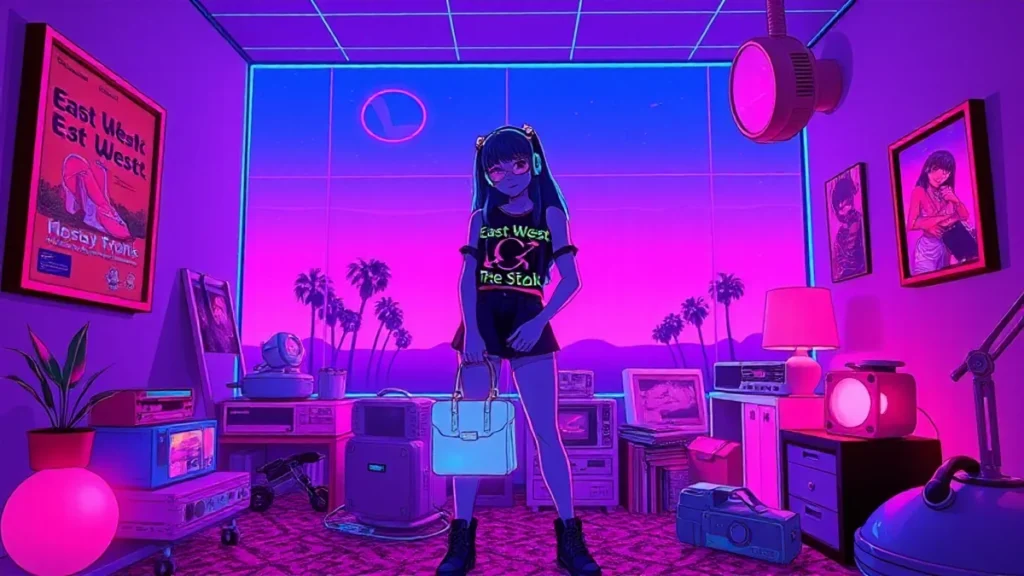 A retro Y2K character holding a glowing East-West bag in a neon synthwave environment.