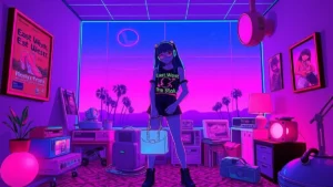 A retro Y2K character holding a glowing East-West bag in a neon synthwave environment.