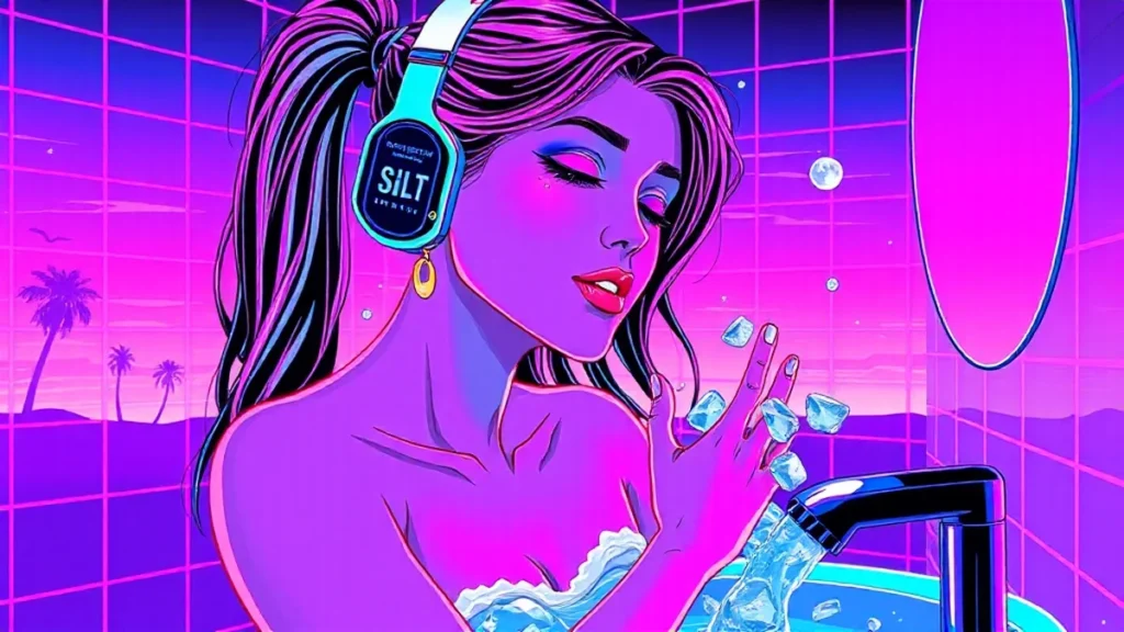 A retro Y2K girl scrubs SPF off her neck in a neon bathroom with holographic elements.