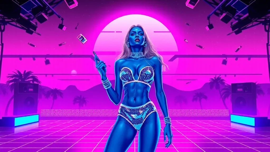 A retro Y2K styled stage scene with a glowing character and holographic makeup tools.