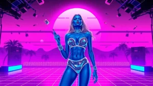 A retro Y2K styled stage scene with a glowing character and holographic makeup tools.