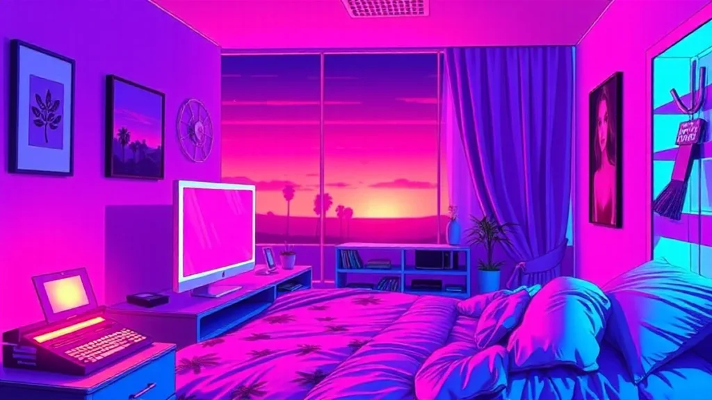 A stylized valleygirl character in a neon Y2K bedroom holding a glowing stick concealer.