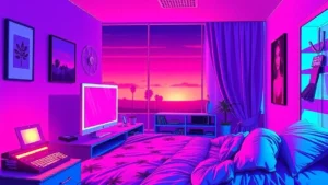 A stylized valleygirl character in a neon Y2K bedroom holding a glowing stick concealer.