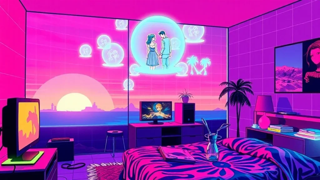 A retro Y2K styled bedroom with floating holograms of couples and a glowing computer screen.
