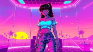 A retro Y2K character in a glowing synthwave room surrounded by floating fashion items and digital text.