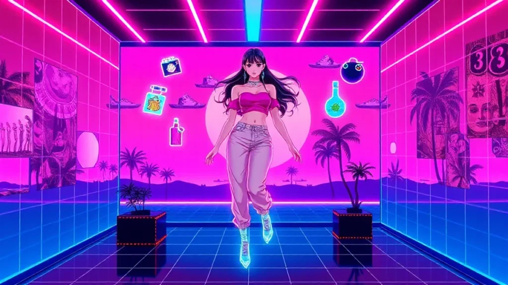 A stylized Y2K girl in glowing neon wrap pants surrounded by floating holographic fashion items in a synthwave setting.