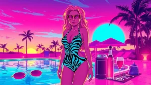 A retro Y2K character in a zebra-print swimsuit at a neon-lit poolside fashion event.